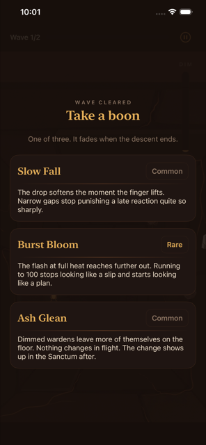 Boon Draft screen offering three run-only bonuses