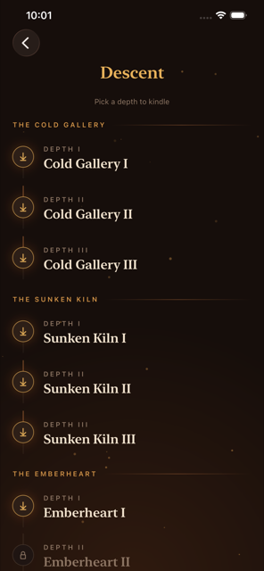 Descent map screen of Ignarion, showing chapters and depth nodes